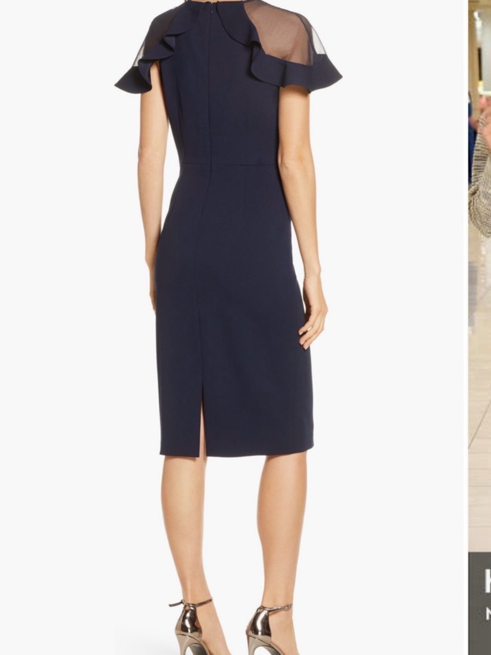 Eliza J Sheer Ruffle Shoulder Cocktail Dress Navy Midi Scuba Crepe Size 8 - Picture 2 of 11